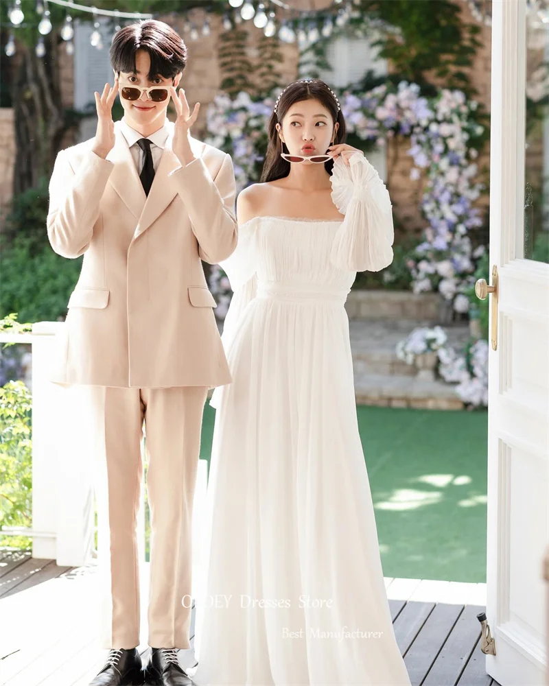 OLOEY シンプルなシルクシフォン A ライン韓国ウェディングドレス写真撮影パフ長袖スクエアネックブライダルドレスプラスサイズ