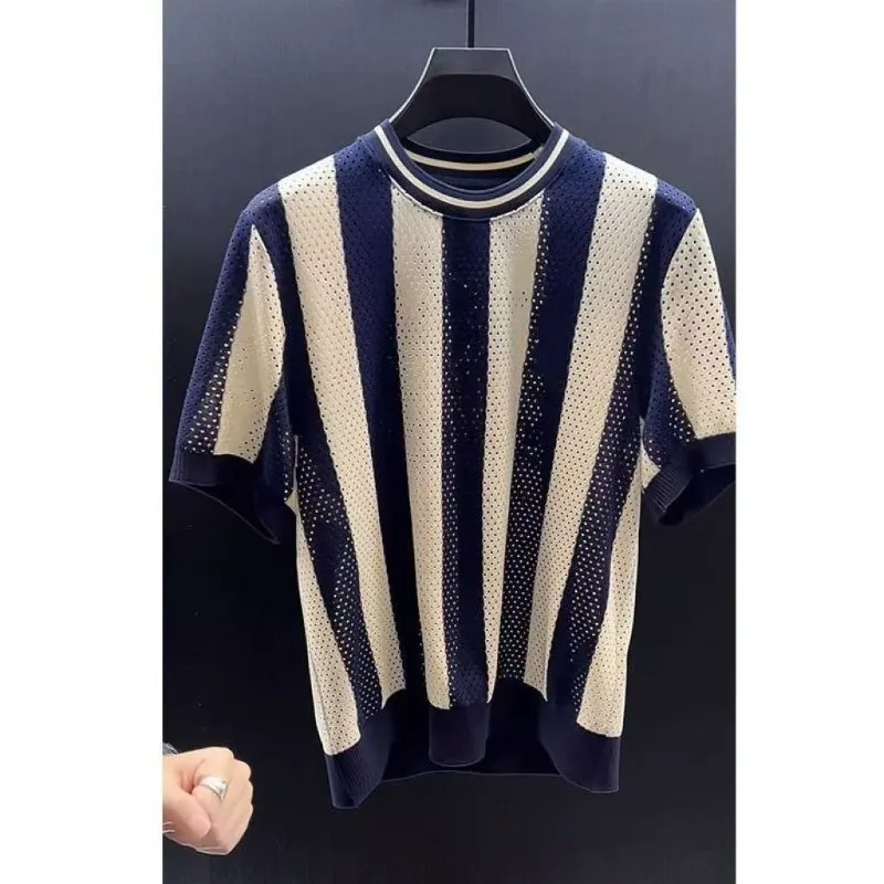Men's Mesh Breathable Short Sleeve Casual Stretch Contrasting Stripe T Shirt Anti-wrinkle Tee for Male Big Size Trainning Tops