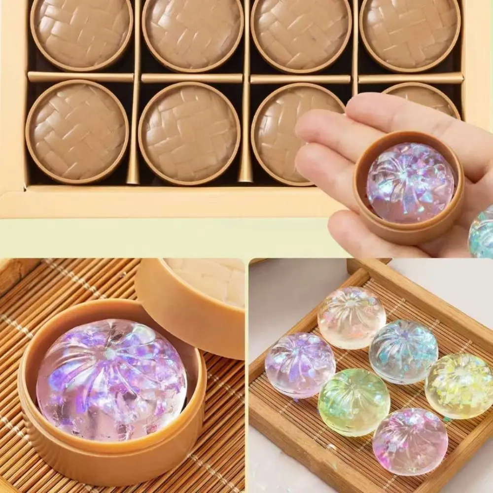 24pcs/set Soft Cute Mini Dumplings Squishy With Steamer Food Shape Squishy Crystal Bun Squeezable Pinch Fidget Sensory