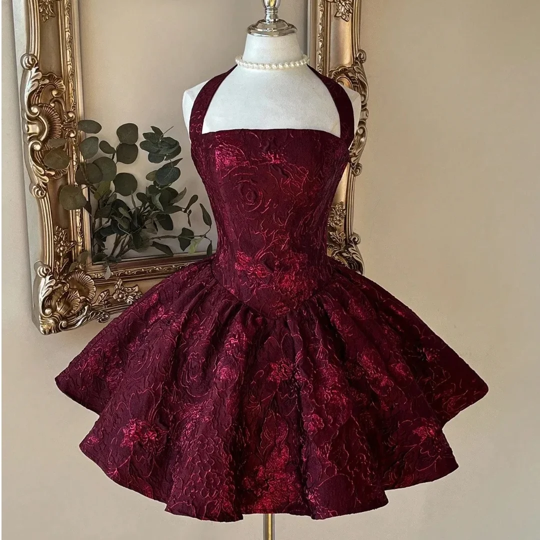 Burgundy Floral Evening Dresses Mini Party Dress Halter Neck Customized Short Prom Gown Formal Vestidos