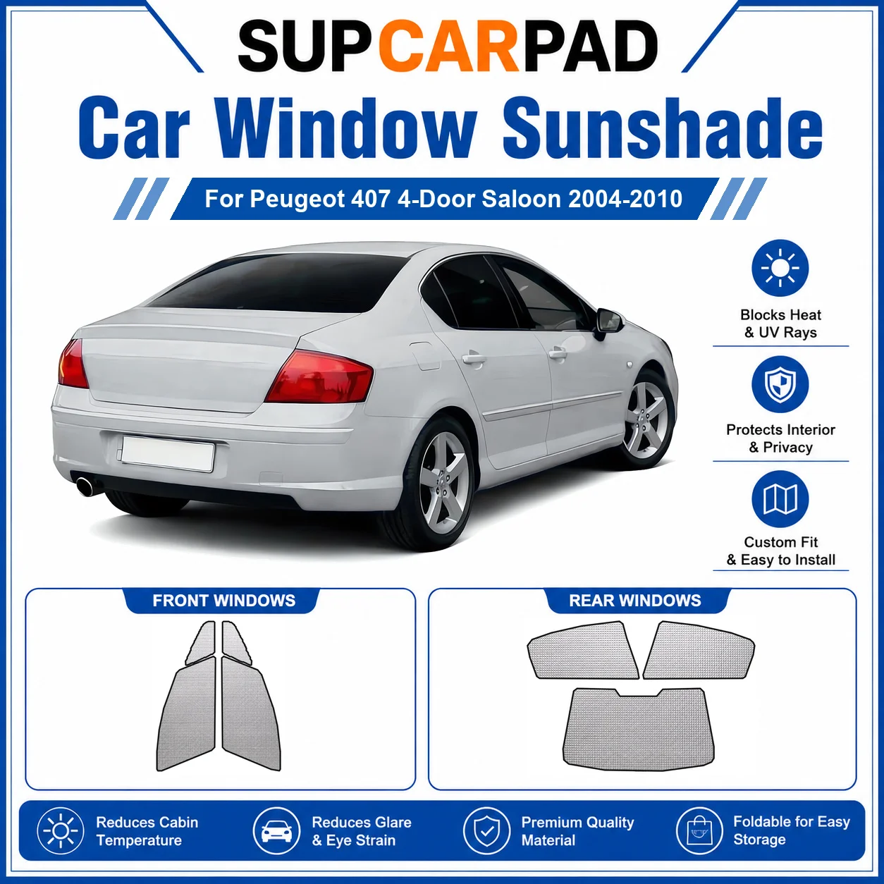 For Peugeot - Peugeot 407 4-Door Saloon 2004-2010 Full Set Car Window Sunshades UV Block Privacy Heat Insulated Foldable Car Cur