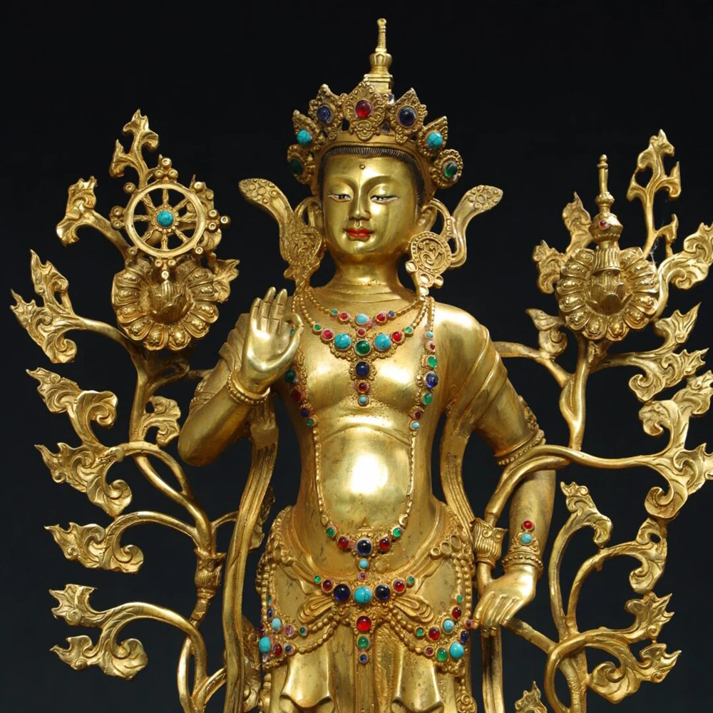Large Green Tara Standing Tibetan Tantric Statue Pure Copper Gold Plated Home Altar Vintage Decor Craft