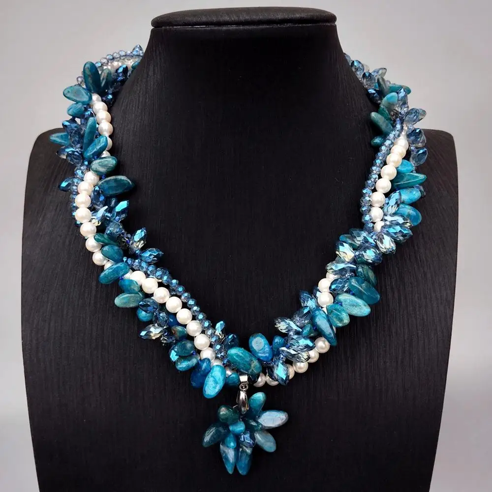 Y·YING  4 Rows Natural Blue Apatite Crystal White Sea Shell Pearl Torsade Necklace Apatite Flower Pendant