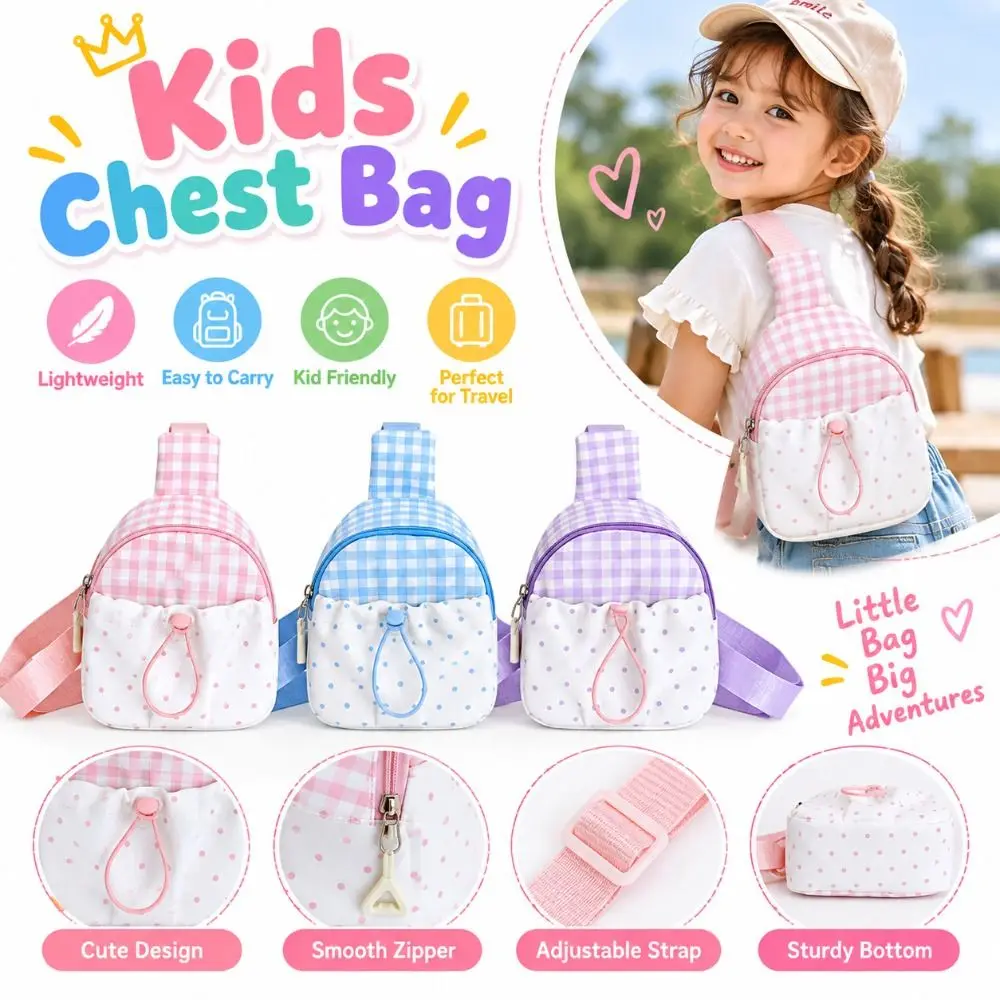 New Gingham Kids Chest Bag Polka Dot Lightweight Sling Bag Adjustable Strap Fanny Pack Outdoor Travel