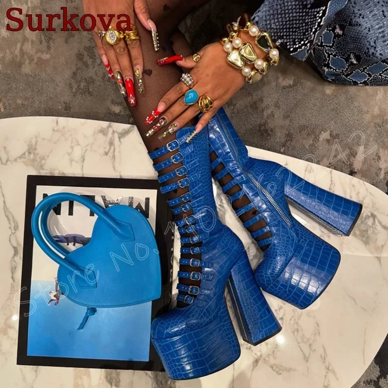 

Blue Belt Buckle Mid-Calf Boots With Round Toe Thick Heels And Platform Knee-High Boots Elegant Punk Party Nightclub Botas Mujer