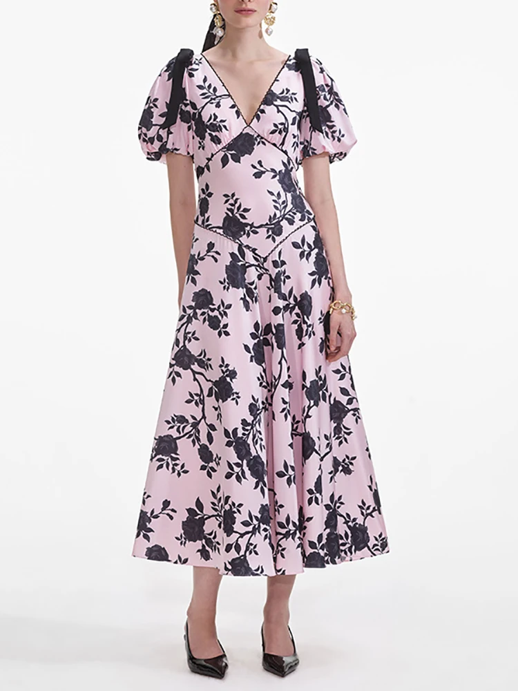 

Sexy V Neck Short Sleeve Bow Printed Long Dress Women Pink White Puff Sleeve A-lin Dresses Evening Party Formal Gowns
