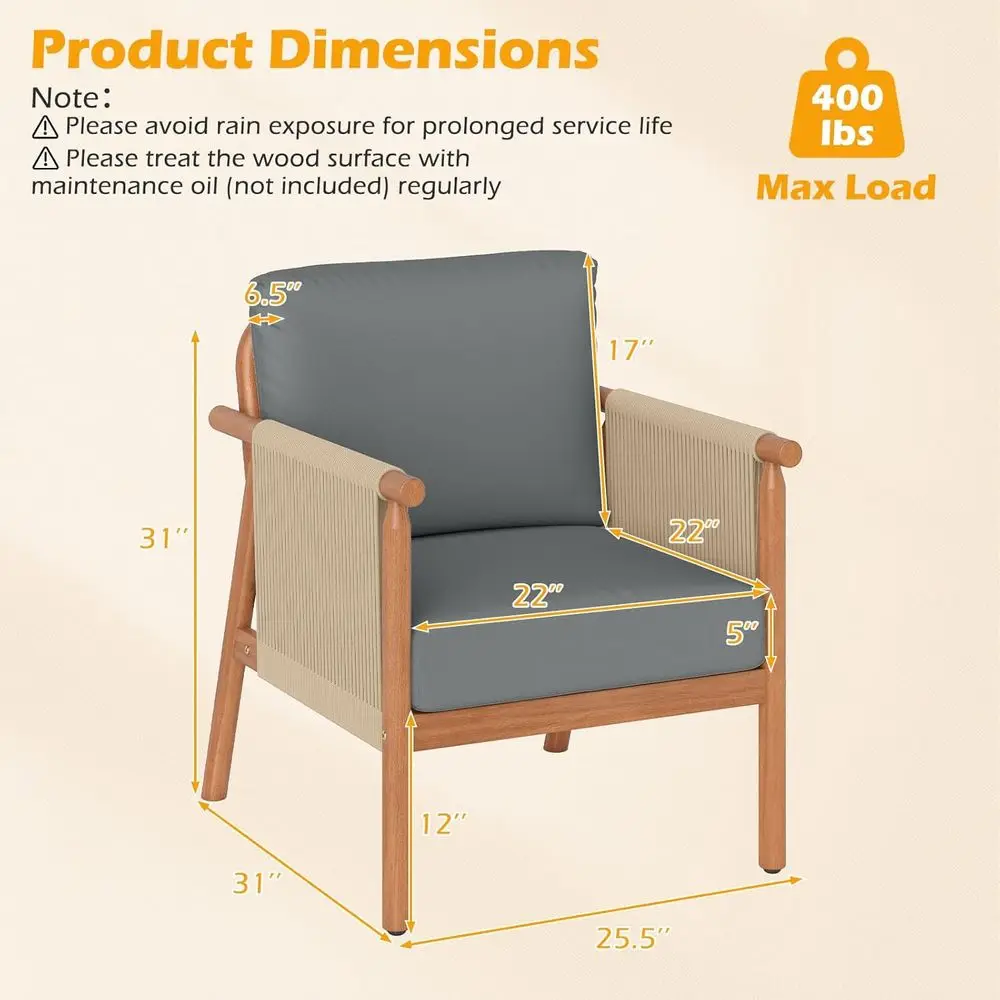 2-Piece Patio Club Chair Set with Woven Rope Armrests and Seat Cushions, Suitable for Indoor and Outdoor Use, Perfect for Living view 3