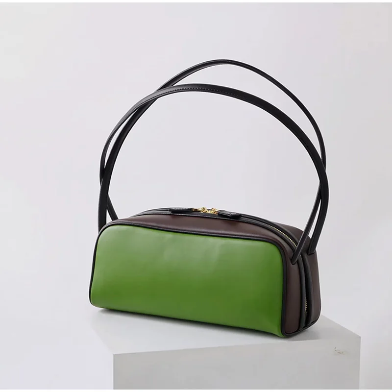 

New Genuine Leather Pa Luxury Handbag Women's Contrast Color High-end Bowling Bag Brand Shoulder Commuting Green Underarm Bag