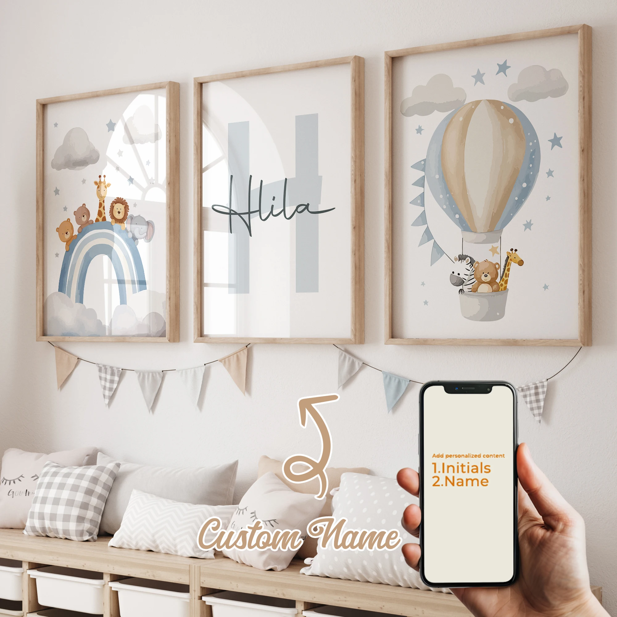 3pcs Personalized Custom Name Cartoon Rainbow Wall Art Print Picture Canvas Poster Painting For Living Child Room Home Decor