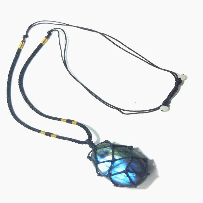 Natural Labradorite Pendant Irregular Shape Stone Wrap Braid Necklace Healing Stone For Men Women Birthday Date Party Gift