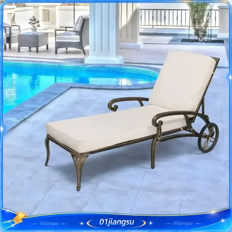 Cast Aluminum Outdoor Chaise Lounge Chair with Wheels 3 Position Adjustable Backrest Patio Sun Lounger for Pool Garden