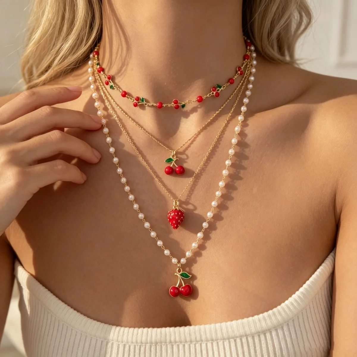 Rote Kirsche Erdbeer-Simulationsperlen-Halskette für Damen und Herren, mehrschichtig, Keramikblume, Schleife, Herz, Baum, Choker, Hochzeitsschmuck – Detail 7