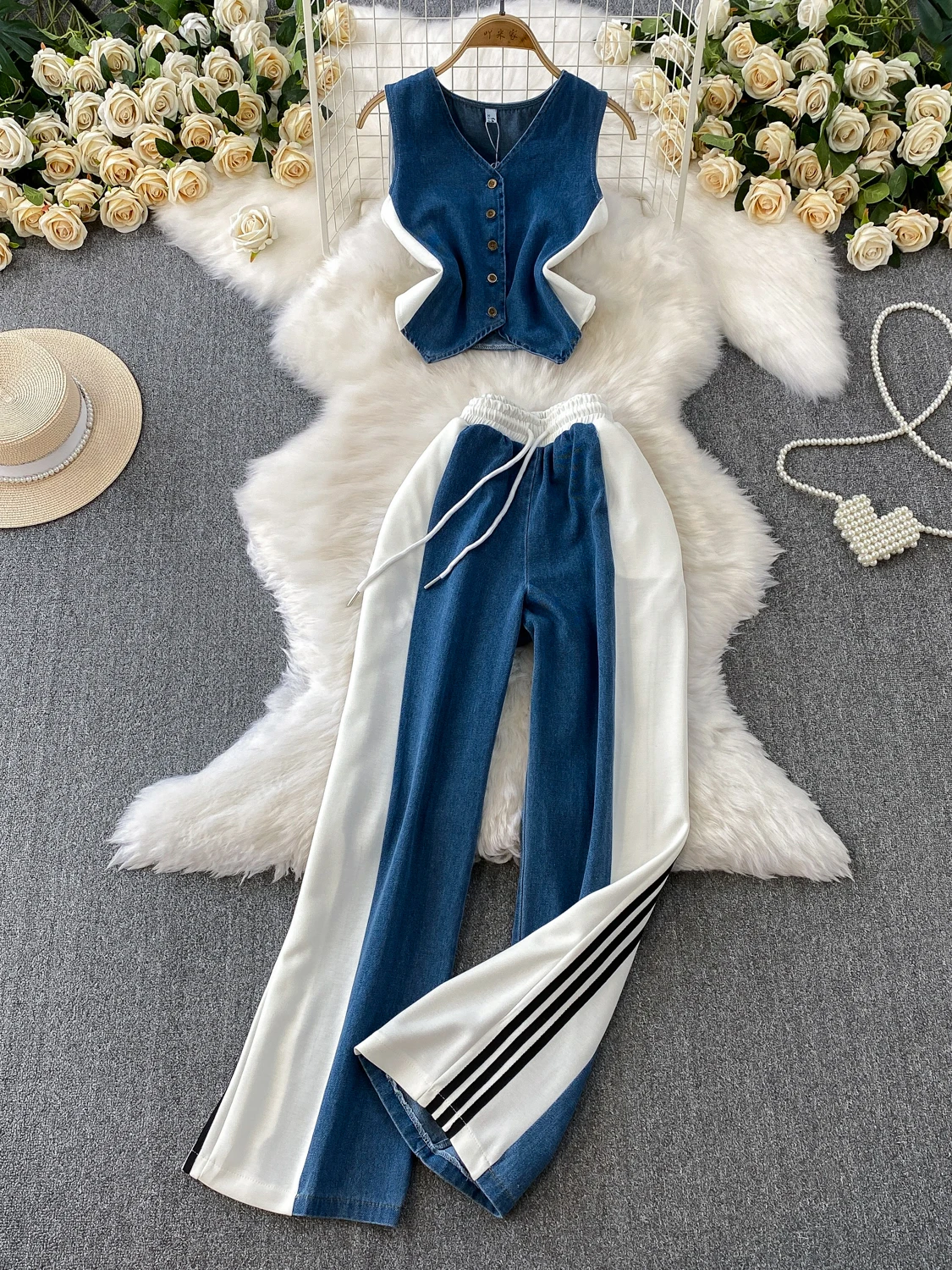 

American Retro Single-Button V-Ne Svel Vest Top + Color Blo Jeans Wide Leg Pants Two-Piece Set Faionable Women's ...