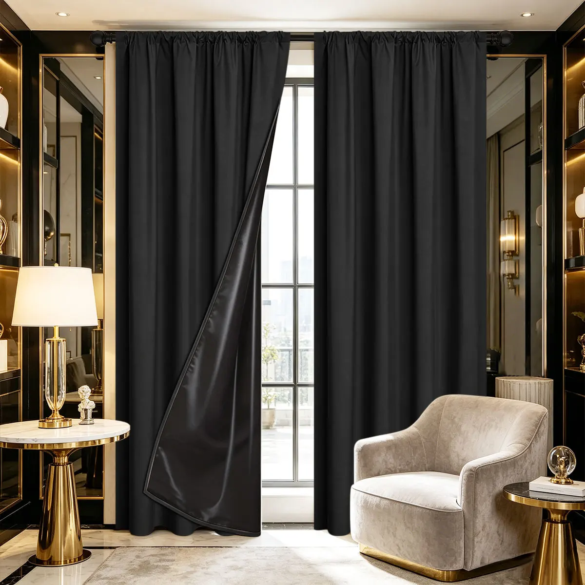 Black Rod Pocket Blackout Curtains, Black Liner Thermal Drapes for Modern Light Luxury Industrial Bedroom Decor