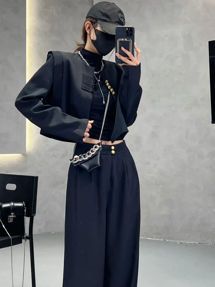 Blazer corto chino para mujer, conjunto de dos piezas, pantalones de pierna ancha, traje Retro informal con hebilla y cuello redondo, Otoño e