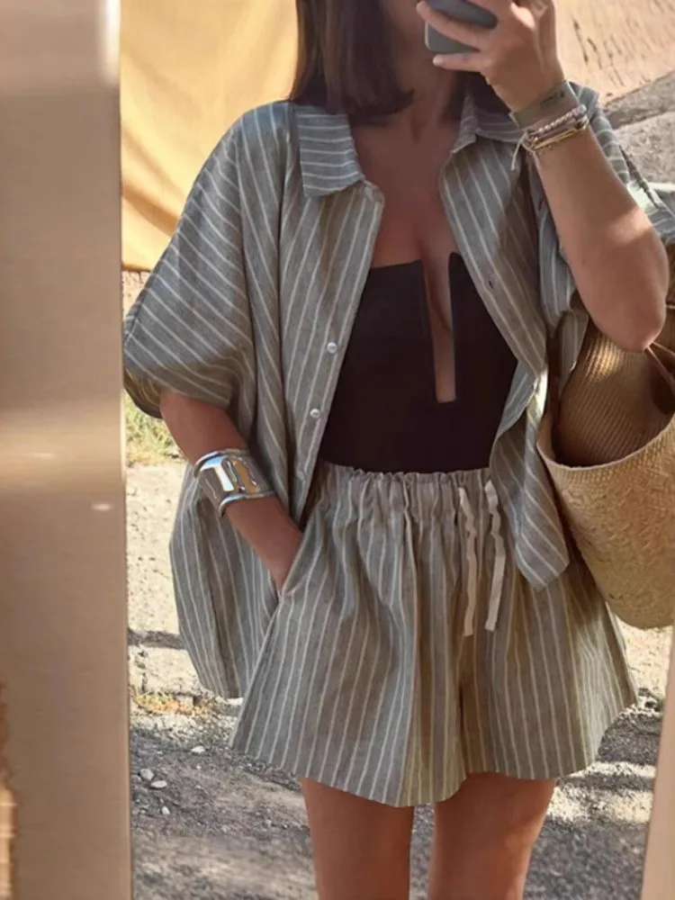 

Летний женский костюм: полосатая рубашка и шорты, повседневный комплект из двух предметов, пляжный стиль, вязаный костюм с брюками