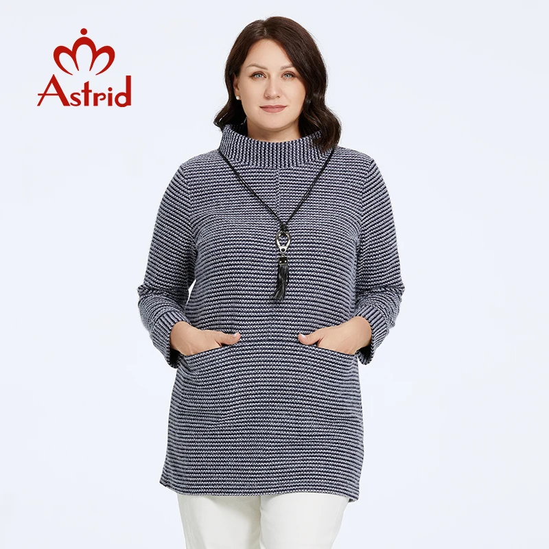 Astrid Women's Sweater Oversized Stand-Up Neck Woman Pullovers Soft Knitted Jumpers Pocket Stripe Basic Clothing Trends Necklace