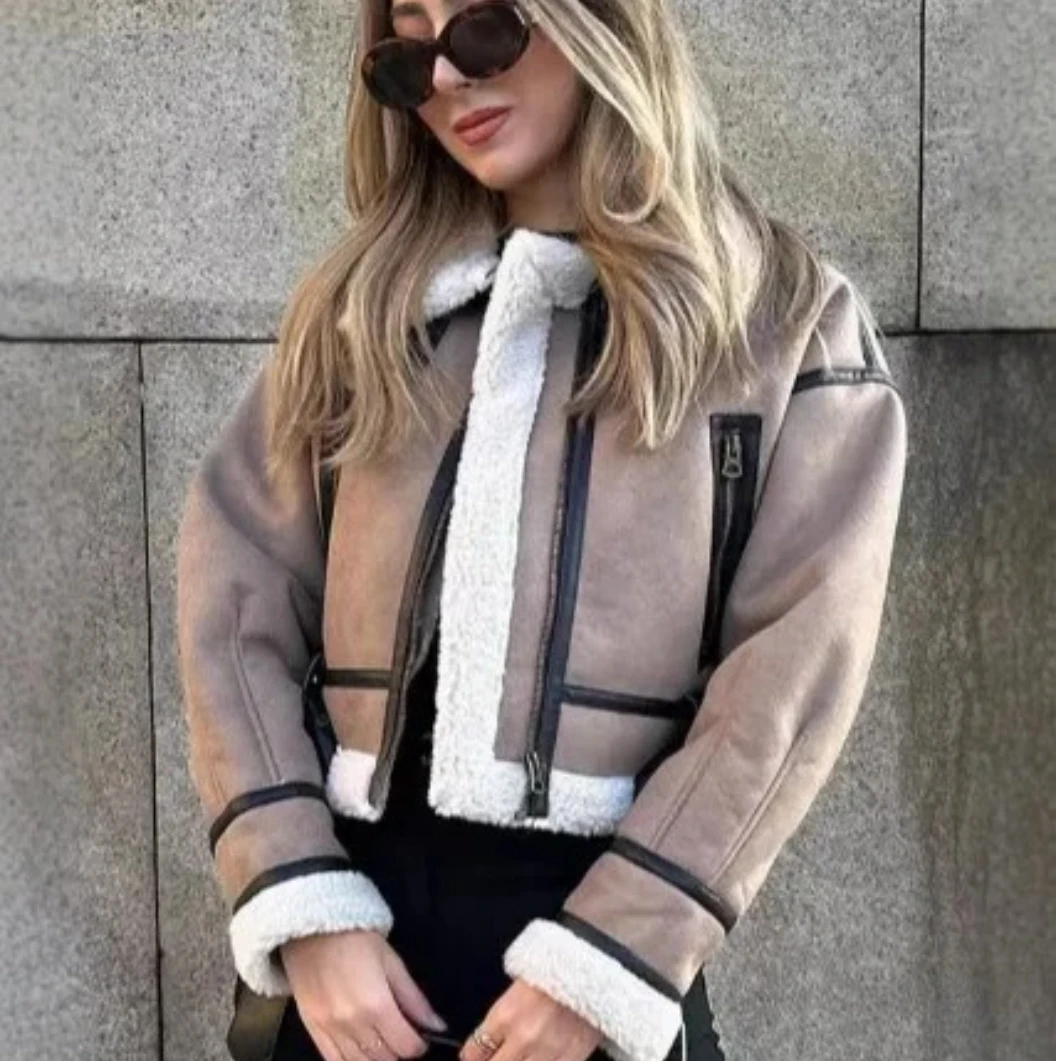 

2025 Winter Women's Faux Fur Short Jacket | Metal Buckles Lapel Long Sleeve Coat with Faux Shearling Lining | Warm Stylish