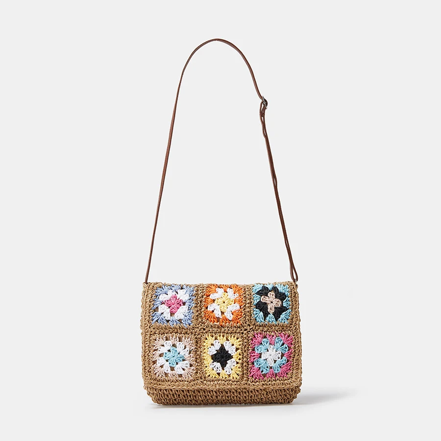 Bohemian Granny Square Straw Crossbody Bags for Women Casual Paper Woven Shoulder Bag Handmade Summer Beach Small Flap Purses