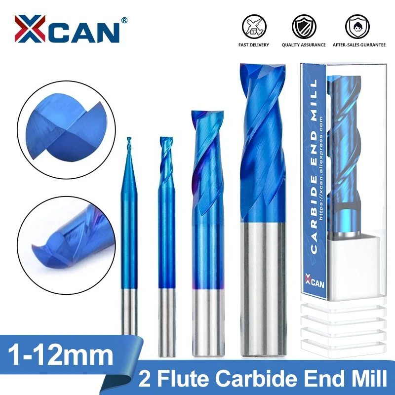 XCAN Milling Cutter 2 Flute Nano Blue Coated Flat End Mill 1-12mm Carbide End Milling Bit CNC Milling Tool Router Bit