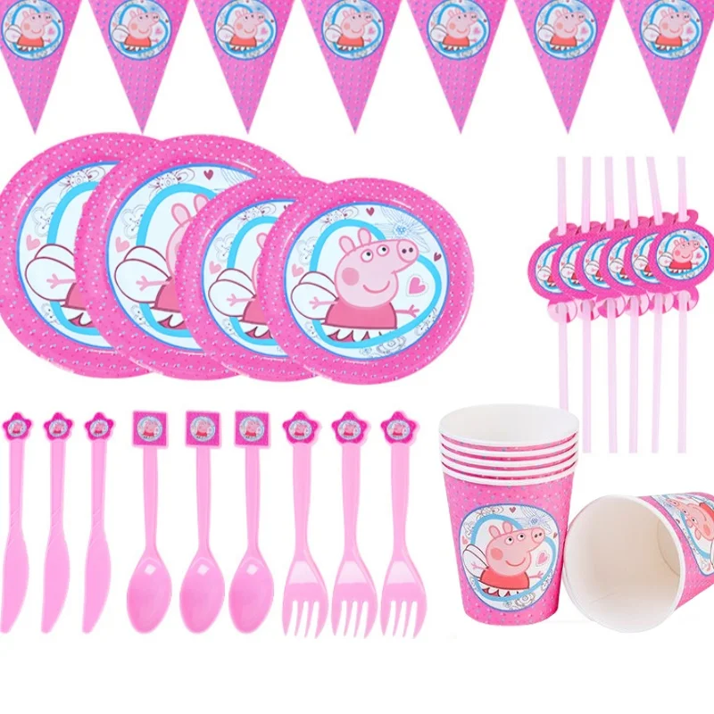 Cartoon Peppa Pig Birthday Party Decoration For Paper Plates Cups Kid Event Supplies Disposable Tableware Event Supplies Gift