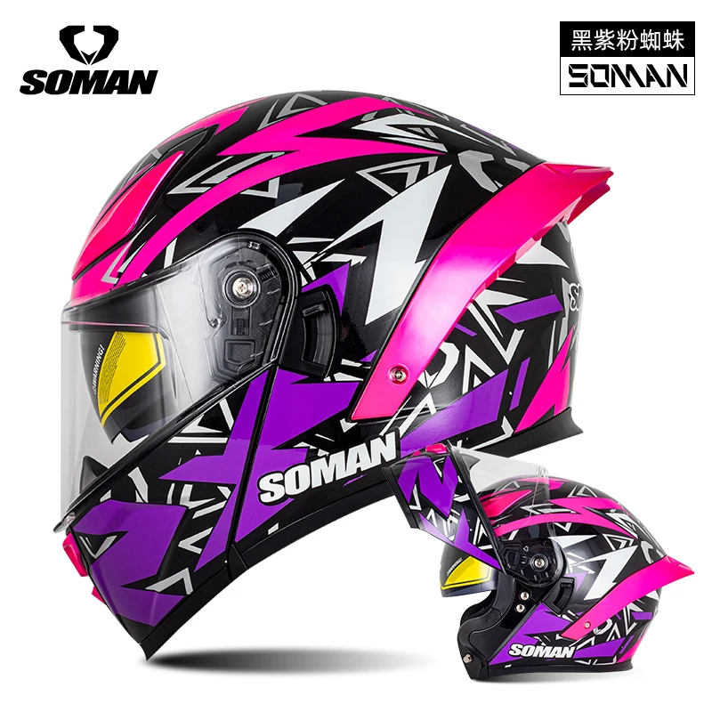 SOMAN F2 helm motor lensa ganda, Flip lensa warna-warni untuk motor balap wajah penuh