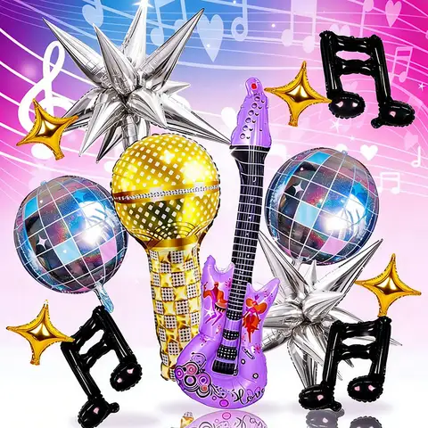 Music Party Foil Balloons Set Kpop Party Decorations Guitar Balloons Disco Ball Explosion Star Neon Rock Pop Birthday Concert