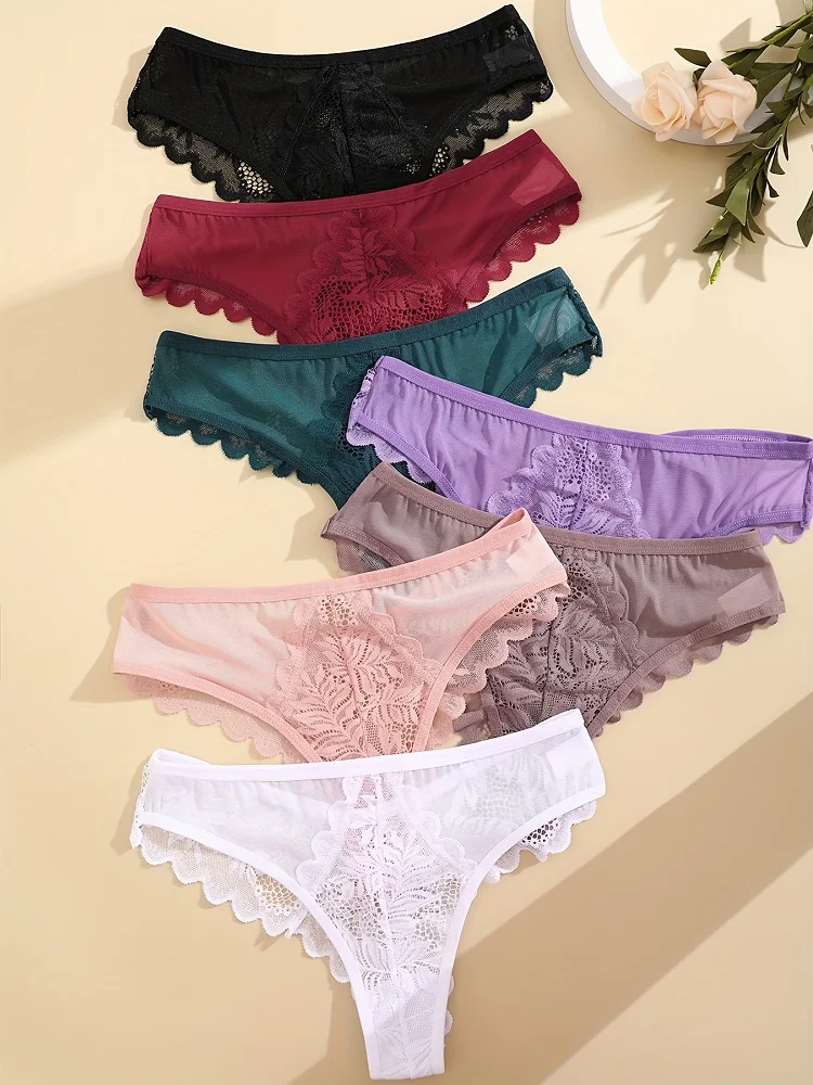 3PCS/Set Women\'s Lace Panties Sexy Low Rise Transparent G-String Thongs Wave Solid Color Underpants Female Breathable Underwear