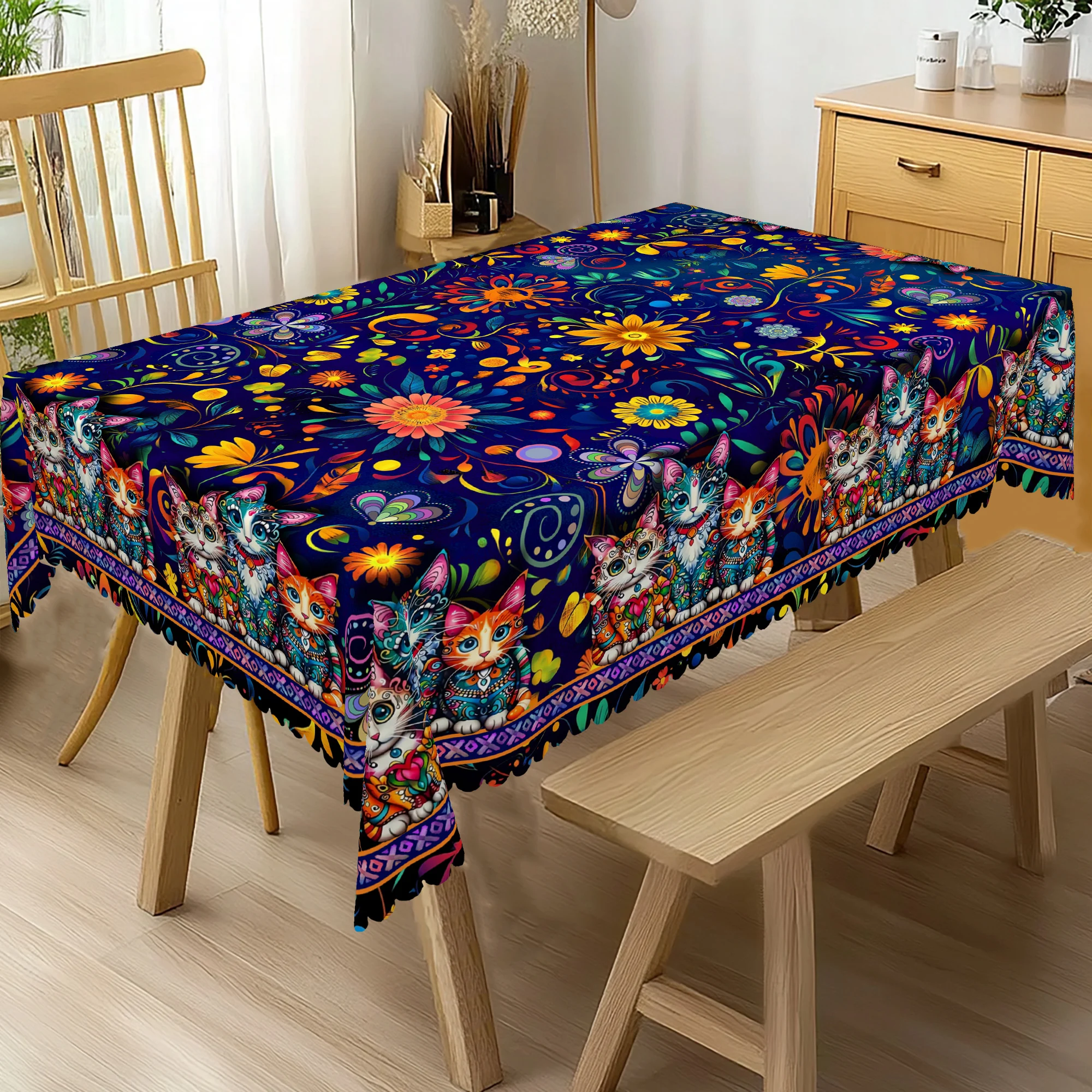 1 Piece of Spring Bohemian Moroccan Style Cat Pattern Round Tablecloth, Retro Colorful Exotic Cat, Flower Print Rectangular Tablecloth, Home Kitchen Table Cover, Indoor and Outdoor Use, Family Decoration, Holiday Gifts for Family Friends