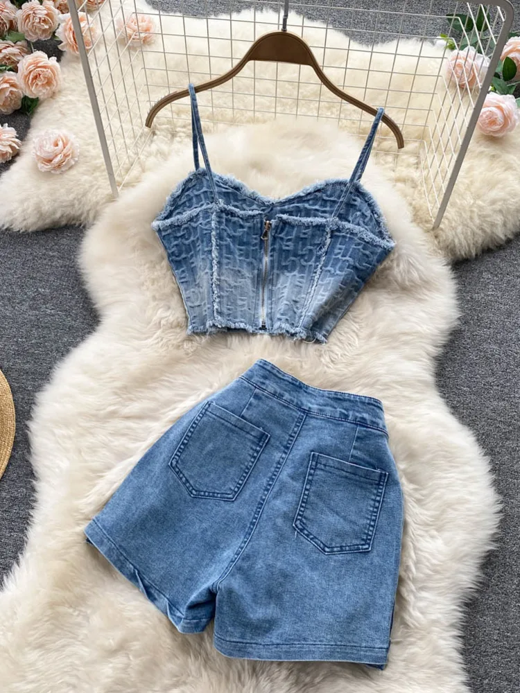 Women Summer Sexy Denim Set Strapless Sling Zipper Design Crop Top + Short Button Mini Shorts Skirt Jeans Two Piece Suits