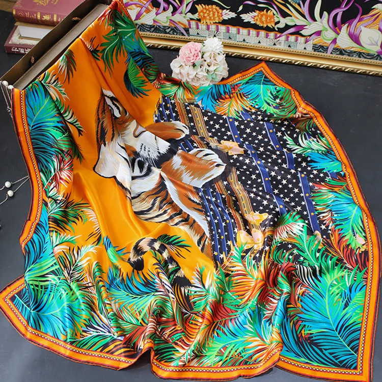 BirdTree 100%Mulberry Silk Scarf, Retro Tiger Print, Women's Gift Elegant Kerchief, 2024 Spring Fashion Satin Shawl A41527QM