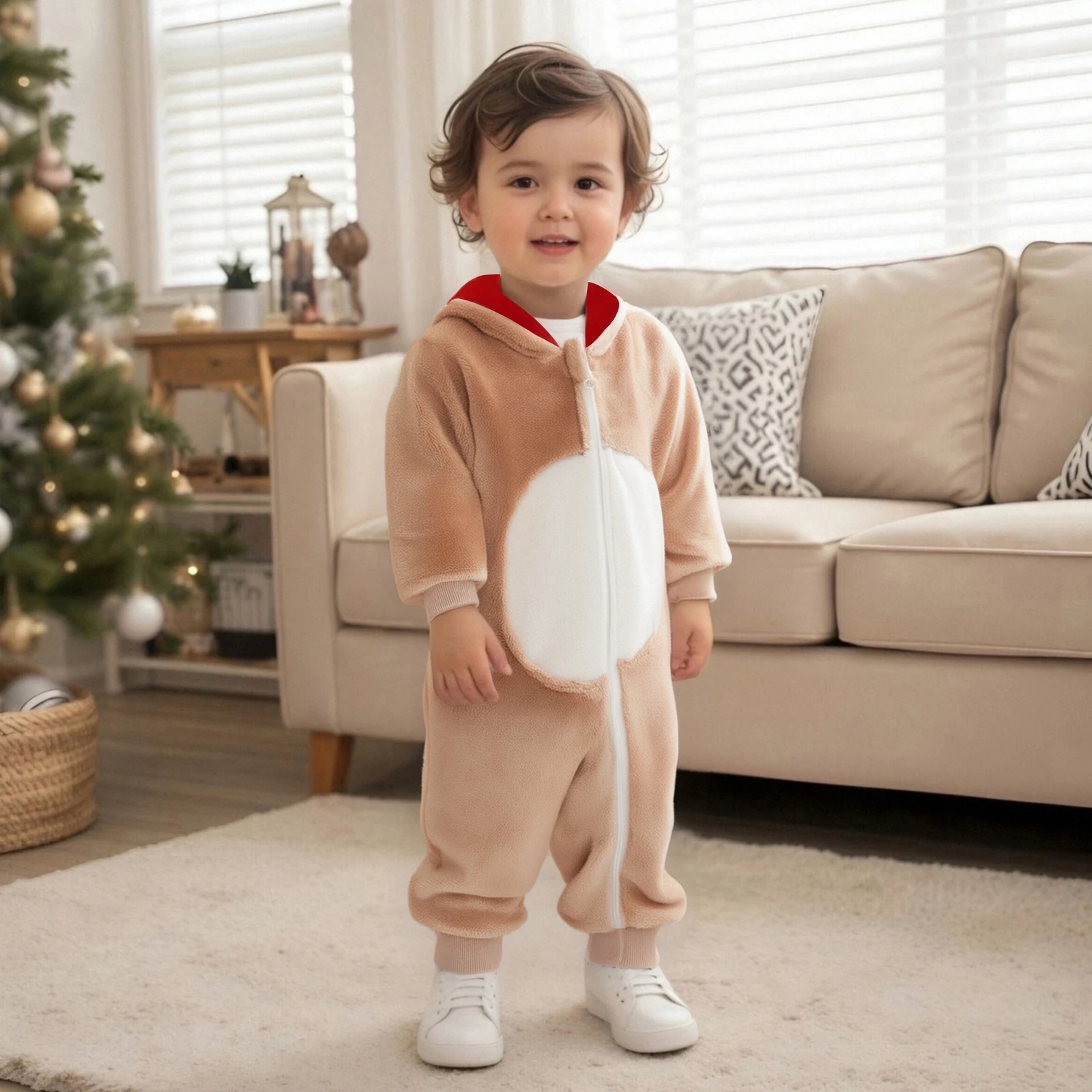 Baby Christmas Reindeer Romper Plush Long Sleeve Hood Zip Up Full Length Jumpsuit Fall Winter Winter Fuzzy Warm Playsuits