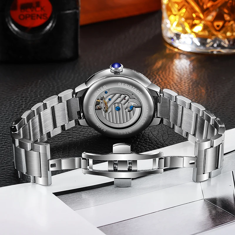 BOLYTE New Fashin Men\'s Automatic Watch Skeleton Starry Sky Moon Phase Luminous Waterproof Stainless Steel Mechanical Wristwatch