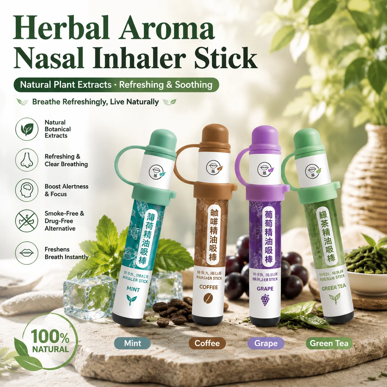 Herbal Aroma Nasal Inhaler Stick Mint Grape Green Tea Coffee Pocket Size Freshening Cooling Focus Support for Men Women