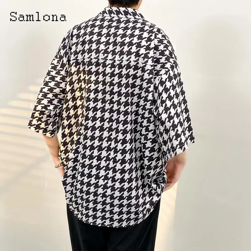 2023 Men Short Sleeve Casual Loose Blouse Kpop Fashion Houndstooth Shirts Masculina Camisa Top blusas Homme Ropa Male Streetwear