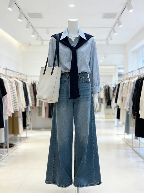 Large Size Spring Design Shoulder Shawl Shirt High Waist Wide Leg Jeans Three Piece Set Women's Fashion Casual Wear view 4