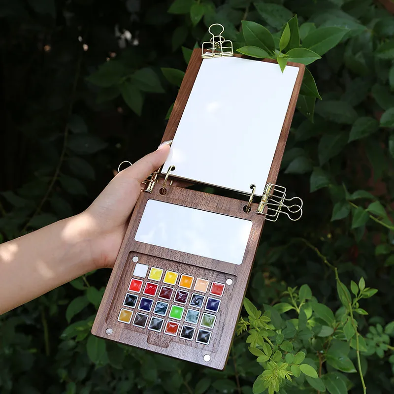 Walnut Folding Watercolor Travel Box Set Portable Empty Watercolor Palette Artist Painting Tools School Stationery Art Supplies