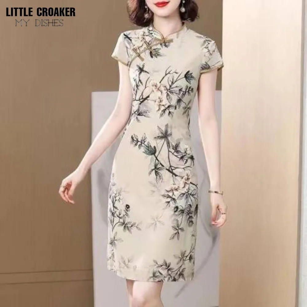 

New Style Waist Wrapped Large Chinese Style Dress for Women Summer 300kg Your Lady Slim Cheongsam Medium Long Dress for Women