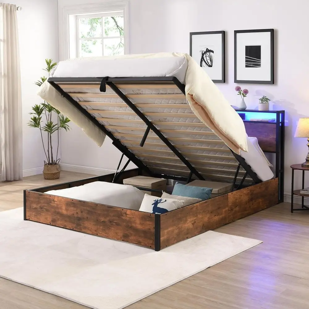 

Rustic Brown Hydraulic Storage Bed with LED Lights and Charging Station, No Box Spring Needed