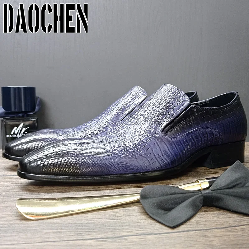 Luxury Men Leather Shoes Blue Crocodile Print Pointed Toe Slip on Casual Mens Dress Shoes Wedding Office Loafers For Men