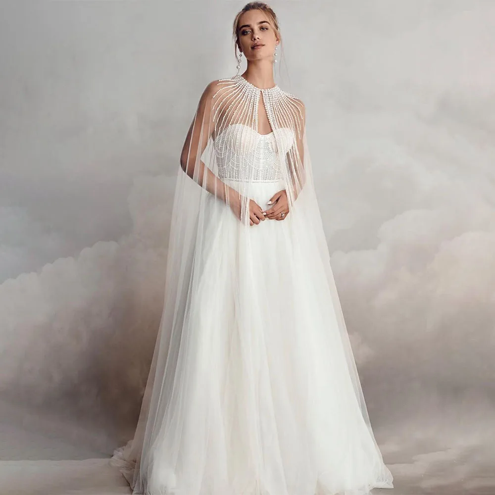 Luxury Wedding Dresses for Bride Pearls Beading Sweetheart A Line  Gowns with Wrap Long Ivory Tulle Backless Bridal Dress