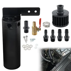Black 750ML Oil Catch Can Kit,Universal 2-port Baffled Oil Catch Can Reservoir Tank with Breather Filter and Drain Valve