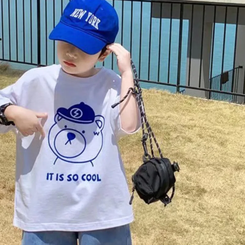 

Summer Handsome Cool Kids Boy Casual Cartoon Bear Print Trendy Children's Pure Cotton T-shirt Short Sleeve Toddler Tees Han Fan