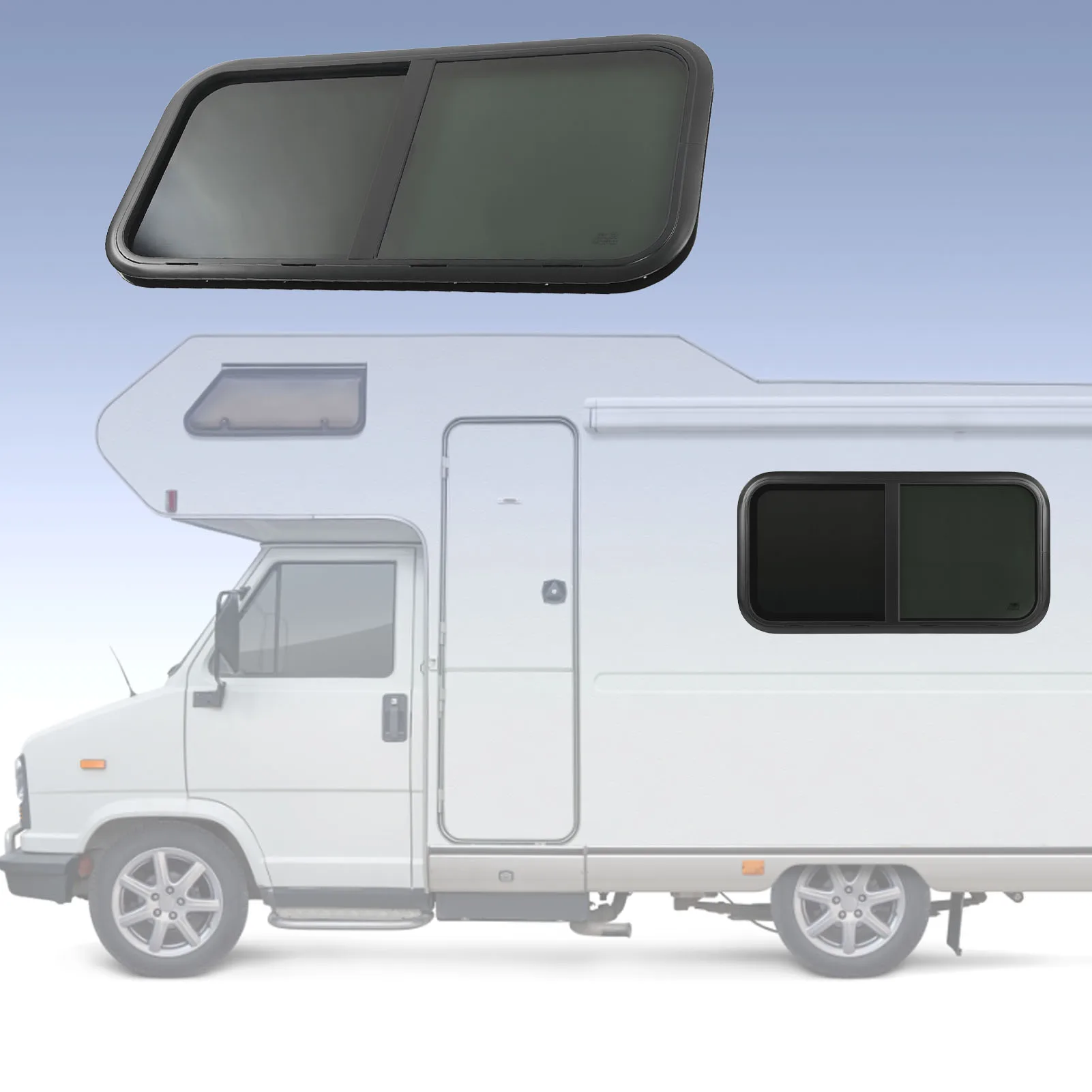 หน้าต่างบานเลื่อนทรงโค้งมน ขนาด 1000x500 มม. กรอบอลูมิเนียมอัลลอยด์สีดำ ป้องกันรังสียูวี พร้อมมุ้งกันแมลง สำหรับรถบ้านคาราวาน