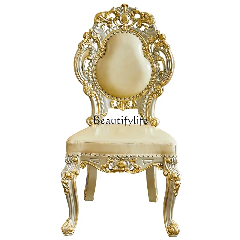 

European leather dining chair American restaurant all solid wood double-sided carved leather champagne gold luxury chair