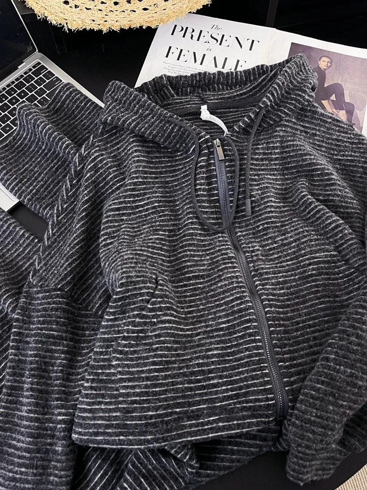 

Spring Autumn Loose Design Zipper Hooded Jacket Straight Leg Pants Soft Cozy Striped Set Women Comfortable Casual Outfit