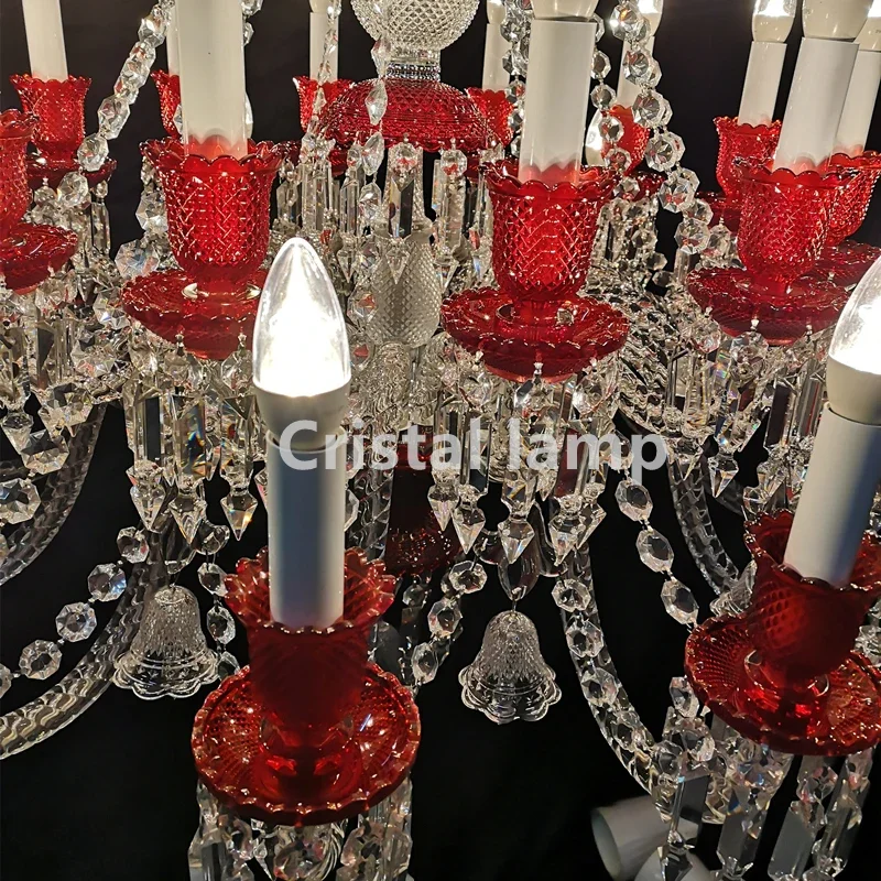 Hotel Lobby Wedding Living Room Lamp Red Crystal Chandeliers and Clear Bells 24 Light Pendant Light