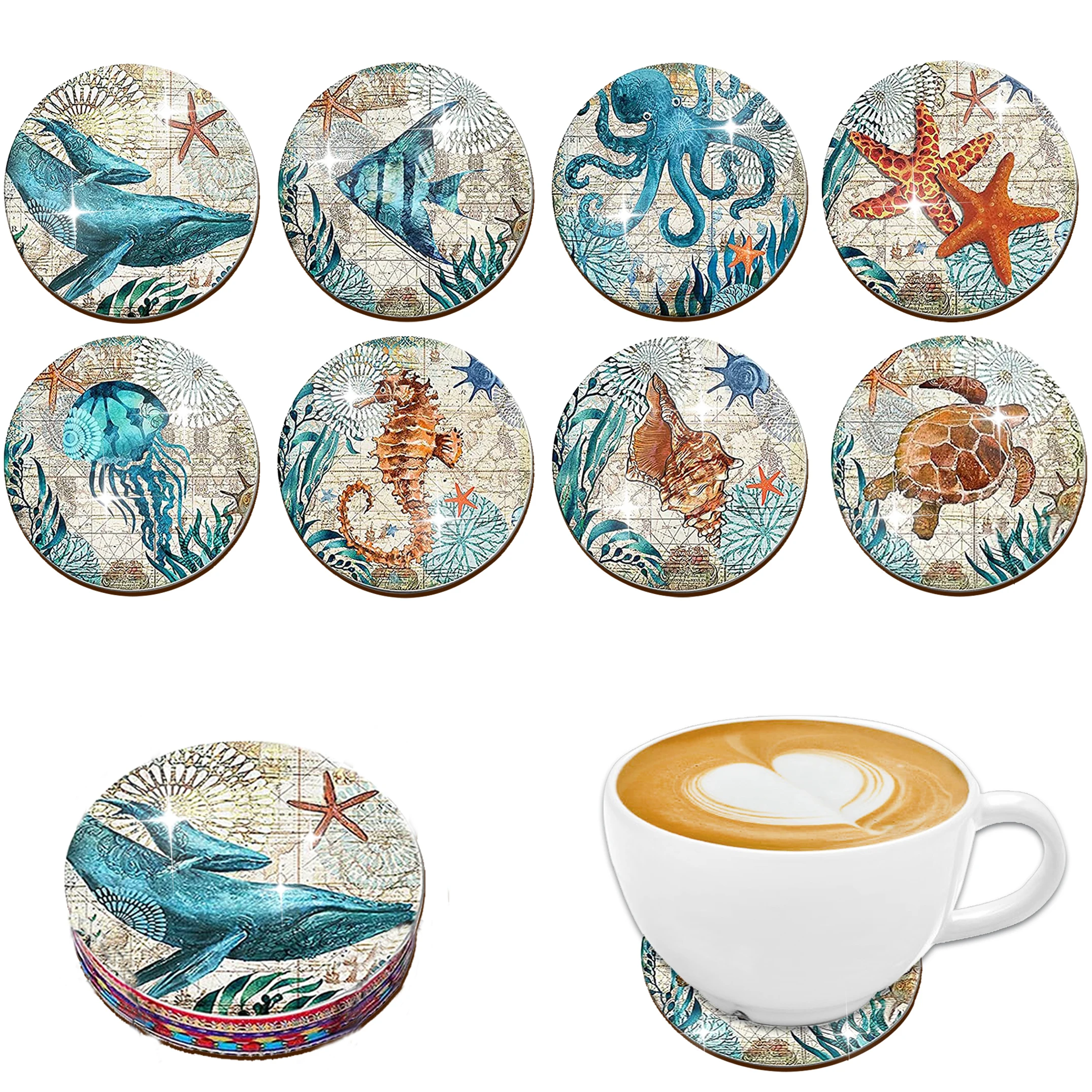 

A set of 8-piece wooden round coasters with Marine animal patterns is suitable for carnival parties and Christmas gifts