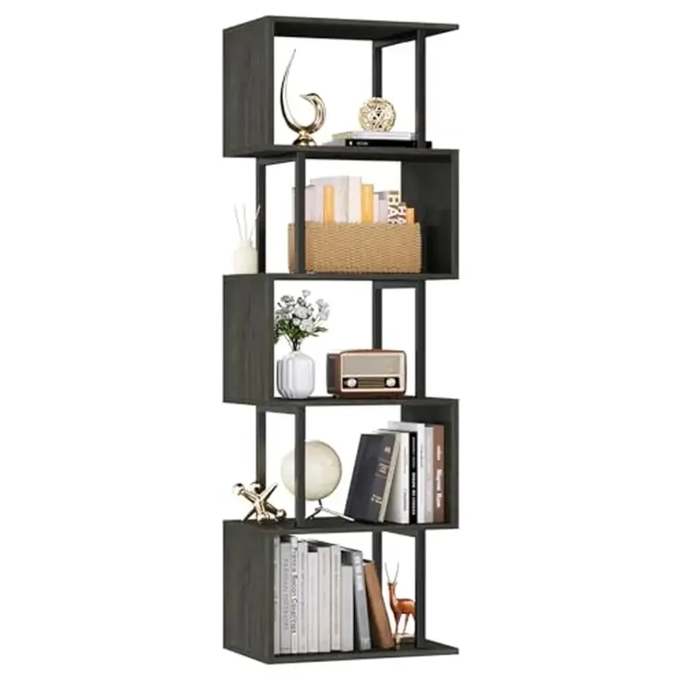 

6 Tier S-Shaped Geometric Bookshelf Metal Wood Display Standing Shelf