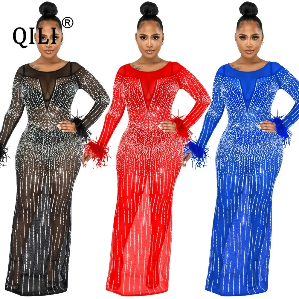 

QILI- See Through Mesh Rhinestone Diamonds Dress, Nightclub Party Clothing, Perspective, Full Sleeve, Long,